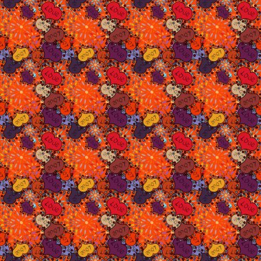 Vektör yaratıcılık için şablon. Doodle kalpleri ve aşk yazıt ile sorunsuz şenlikli doku. Öğeleri turuncu, siyah ve mor renk arka plan üzerinde.