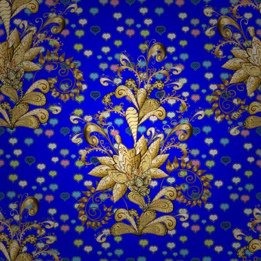 Klasik vektör altın seamless modeli. Klasik vintage arka plan. Geleneksel şark süsleme. Sarı, mavi ve kahverengi renkleri altın elemanları ile Seamless modeli.