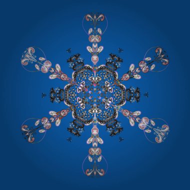 Düşen Noel kar taneleri stilize. Resimde. Renkli bir arka plan üzerinde izole güzel vektör mavi, gri ve beyaz kar taneleri. Kar taneleri, kar yağışı.