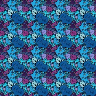 Sorunsuz Valentine': s siyah, mavi ve mor elemanları ile. Vektör çizim. Kalp desen.