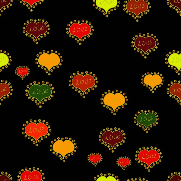 Background Big Small Hearts Swirls Black Yellow Red Colors Vector — Stock Vector
