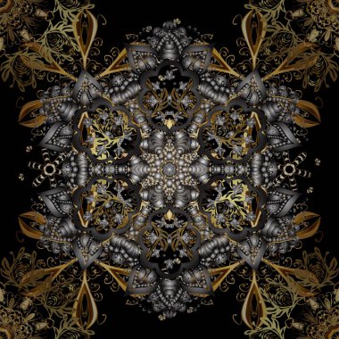 Altın elemanları ile siyah renkleri altın izi. Çiçek fayans. Dikişsiz desen şark süsleme. Vektör altın tekstil baskı. İslam tasarım.