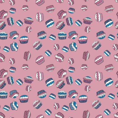 Vektör çizim. Beyaz, pembe ve tarafsız gıda afiş tasarımı için. Kağıt ambalaj. Kek ile sorunsuz.