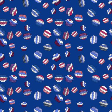 Top kek tatlar illüstrasyon mavi, siyah ve beyaz doodle. Sorunsuz elle çizilmiş vintage tarzı kek ve kurabiye. Hamur işi. Vektör çizim.