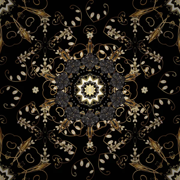 Vector Golden Textile Print Floral Tiles Golden Pattern Gray Black — Stock Vector