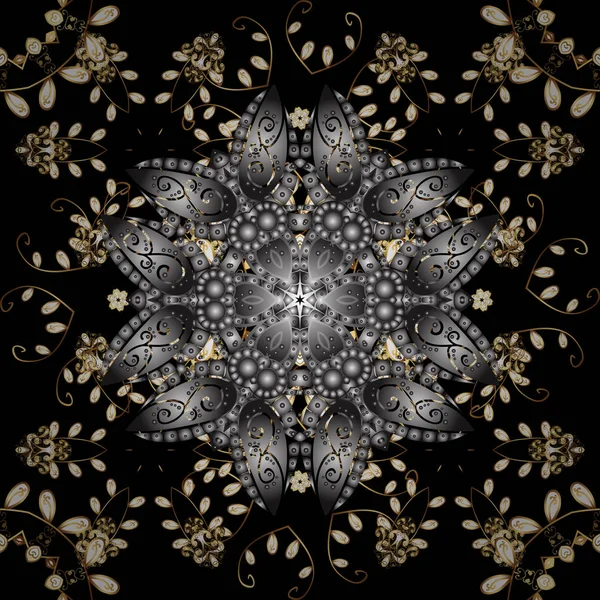 Altın elemanları ile siyah renkleri altın izi. Zemin, kumaş, altın kroki. Düz el vintage koleksiyonu çekilmiş. Vektör altın seamless modeli.