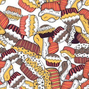 Vektör çizim. Siyah, beyaz ve sarı gıda afiş tasarımı için. Kekler sorunsuz. Kağıt ambalaj.