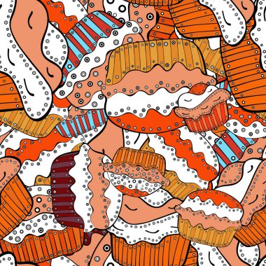 Vektör. Doğum günü kartı, ambalaj, tekstil, kumaş, kroki çocuk menüsü için kullanabilirsiniz. Tatlılar - Dondurma, sevimli siyah, beyaz ve turuncu zemin üzerine izole kek ile Seamless modeli.