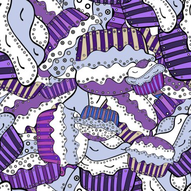 Seamless.Colorful ve tatlı zaman gri, mor ve beyaz izole ortada yazılı ile farklı cupcakes. Vektör çizim.