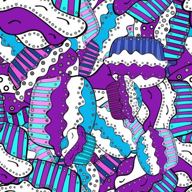 Seamless modeli ile elle çizilmiş doodle tatlılar: top kek, kek, pasta, kek. Şirin Doğum günü mavi, mor ve beyaz arka plan. Vektör çizim.