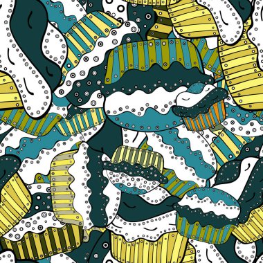 Muffin tatlı doku arka plan. Yeşil, beyaz ve siyah renkli krem tatlı zemin. Cupcake seamless modeli. Parmak izi, dekorasyon, kumaş için doku. Vektör.