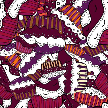 Kağıt ambalaj. Kekler sorunsuz. Vektör çizim. Mor, siyah ve beyaz için gıda poster tasarımı.