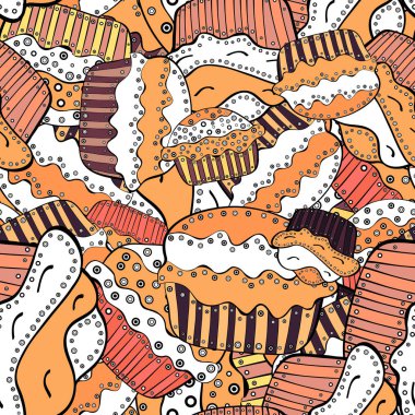 Doğum günü kartı, ambalaj, tekstil, kumaş, kroki çocuk menüsü için kullanabilirsiniz. Vektör. Tatlılar - Dondurma, tatlı turuncu, siyah ve beyaz zemin üzerine izole kek ile Seamless modeli.