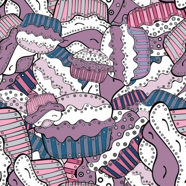 Tatlılar - Dondurma, top kek ile Seamless modeli. Doğum günü kartı, ambalaj, tekstil, kumaş, kroki çocuk menüsü için kullanabilirsiniz. Vektör tasarımı. Tarafsız, beyaz ve siyah renklerde izole.