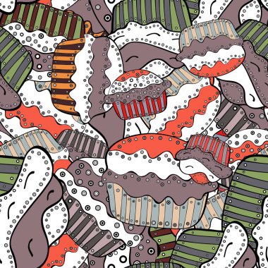 Vektör çizim. Gıda afiş tasarımı için. Pembe, beyaz ve siyah arka plan üzerine kek ile sorunsuz. Kağıt ambalaj.