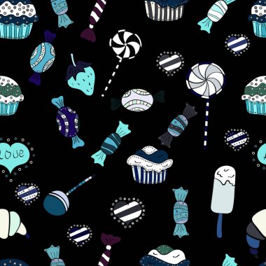 Şeker soyut geometrik tarzı ile renkli seamless modeli. Beyaz, mavi ve siyah renk. Trendy vektör arka plan.