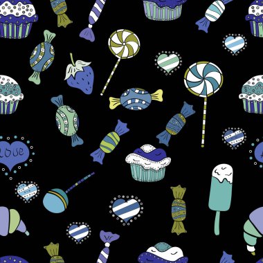 Dikişsiz desen suluboya tatlılar şekerlemeler ile elle çizilmiş bir siyah, mavi ve beyaz arka plan üzerinde izole. Vektör çizim.