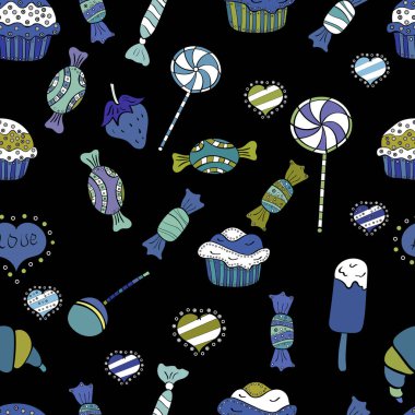 Sevimli ve renkli şeker tatlı seamless modeli siyah, mavi ve beyaz arka plan üzerinde. Siyah, mavi ve beyaz sürümü. Vektör çizim. İzole.