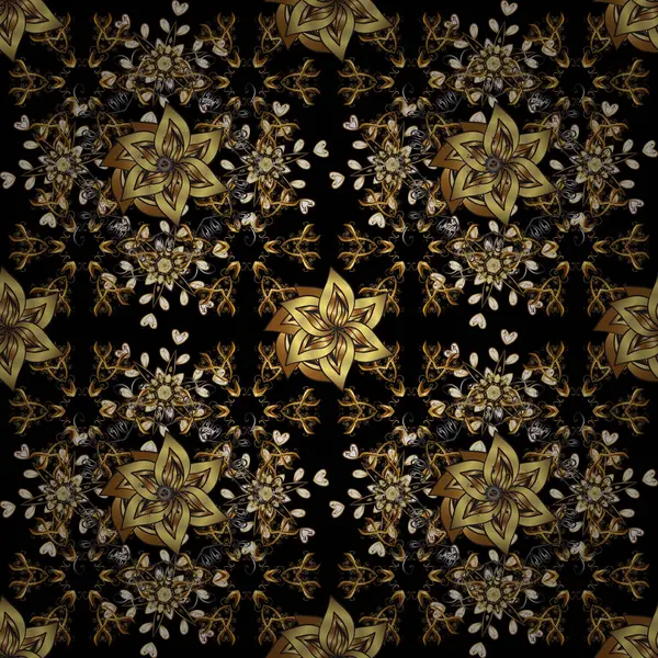 灰色および黒い色の黄金の要素 バロック様式の金の花の飾り ダマスク織の背景 黄金のシームレス花柄 — ストックベクタ