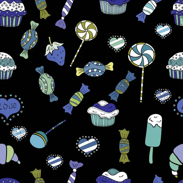 Dikişsiz desen suluboya tatlılar şekerlemeler ile elle çizilmiş bir siyah, mavi ve beyaz arka plan üzerinde izole. Vektör çizim.