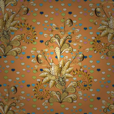 Vektör arka plan üzerinde bir sarı, kahverengi ve turuncu renkleri altın yinelenen öğeleri ile. Dikişsiz oryantal klasik altın desen.