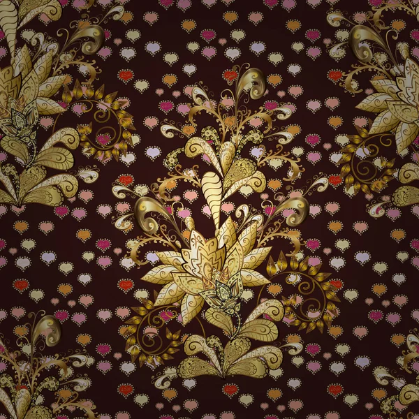 古色古香的金色可重复的草图 达姆斯克无缝模式重复背景 棕色和米色的金色元素 巴洛克式风格的金色花卉装饰 — 图库矢量图片