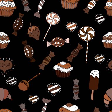 Oyun, kartpostal, davet ve web tasarımı için. Sorunsuz şekerler. Beyaz, siyah ve kahverengi zemin üzerine şeker. Düz stil vektör çizim.