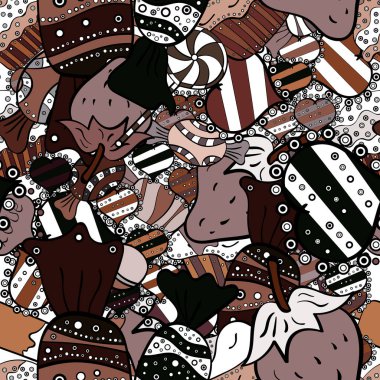 Kahverengi, siyah ve beyaz. Kek Dikişsiz desen koleksiyonu. Vektör çizim. Güzel modern kek, çikolatalı kek gibi farklı türleri konusunda bilgi sahibi.