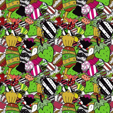 Vektör çizim. Soluk yeşil, siyah ve beyaz seamless modeli kekler. Şirin Doğum günü yeşil, siyah ve beyaz arka plan. Tatlılar arka plan tasarım.