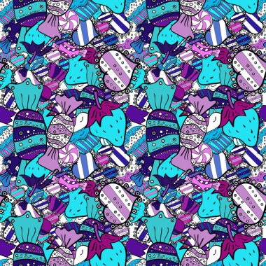 Romantik süsleme tasarlamak zemin. Renkli arka plan vektör şekerlemeler koleksiyonu ile. Sorunsuz cupcakes el çekilmiş seamless modeli. Dekoratif kroki, yazdırma için iyi.