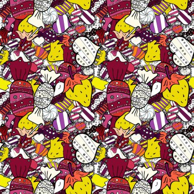 Pasta, kap, koni. Kağıt ambalaj. Vektör çizim. Sorunsuz parlak birthday desen siyah, sarı ve beyaz.