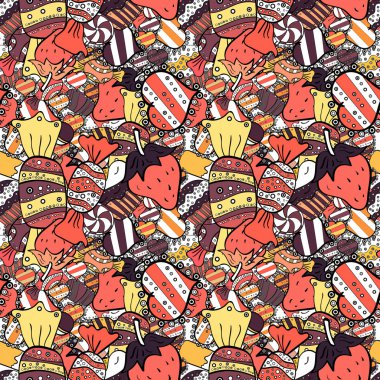 Vektör çizim. Güzel yemek tasarım öğeleri, baskılar ve desenler için mükemmel. Beyaz, siyah ve pembe elle çizilmiş lezzetli kekler seamless modeli.