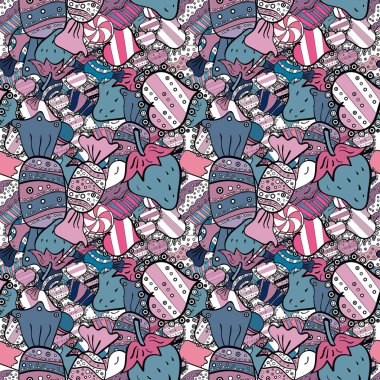 Tatlılar tasarım arka plan. Vektör çizim. Cupcake seamless modeli. Şirin Doğum günü arka plan üzerinde siyah, mavi ve beyaz. Kağıt ambalaj.