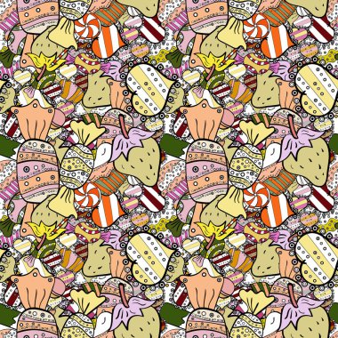 Şeker vektör doodle. Suluboya tatlılar şekerlemeler ile Seamless modeli. Siyah, beyaz ve bej renkler.