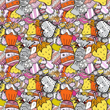 Suluboya tatlılar şekerlemeler ile Seamless modeli, beyaz, siyah ve sarı zemin üzerine elle çizilmiş izole. Vektör çizim.