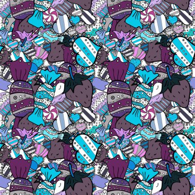 Tekstil, kartlar, için tatlı web tasarım: lezzetli gerçekçi seamles arka plan: grafik fantastik şeker. Siyah, gri ve mavi şeker ile vektör seamless modeli.