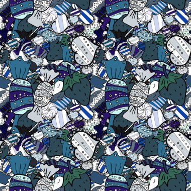 Parlak sorunsuz vektör konfeti model parti. Siyah, beyaz ve mavi arka plan üzerinde renkli şeker serpin, şeker veya fırın tasarım.