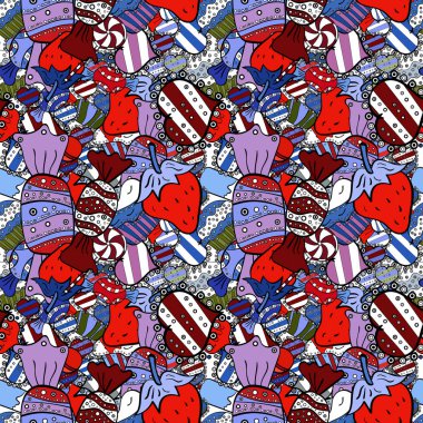 Siyah, kırmızı ve mavi renkler. Vektör. Renkli şeker seamless modeli.