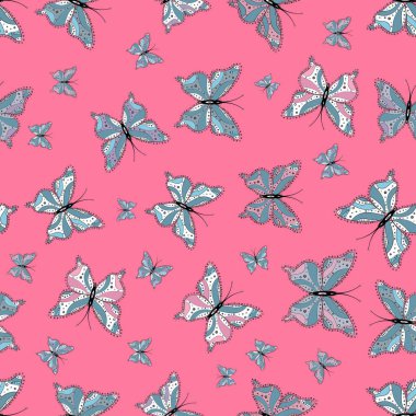 Renkli halk kelebekler ile Dikişsiz desen vektör. Ambalaj, kağıt, kumaş için uygundur. Pembe, mavi ve beyaz arka plan üzerinde renkli kelebekler.