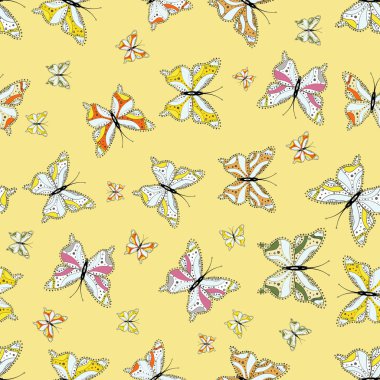 Arka plan sarı, nötr ve beyaz renkler. Renkli romantik kelebekler Dikişsiz desen arka plan. El ile kelebekler çekilmiş. Dekoratif vektör çizim.