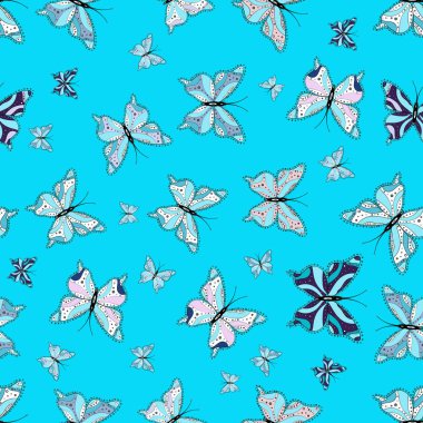 Moda dekorasyon güzel kelebek siluetleri ile. Yaz kelebekler mavi, beyaz, siyah renkli arka plan. Kartı, davet, basit kadınsı deseni yazdırın. Güve ile vektör arka plan.