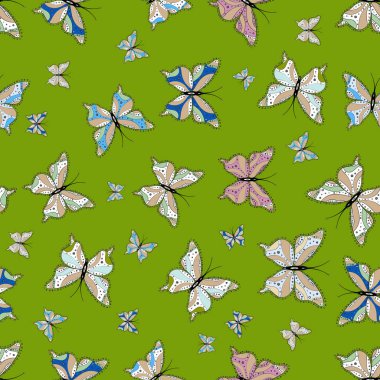 Vektör tasarımı. Kroki, doodle, karalama. Böcek kumaş clipart giyim kumaş için yinelenen. Bahar kelebek tema. Sonsuz. Güzel sorunsuz kelebek kumaş zemin üzerine yeşil, bej ve beyaz.
