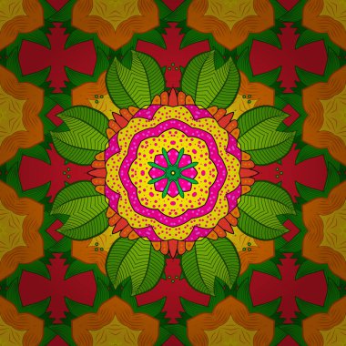 Turuncu, kırmızı ve yeşil renkler renkli mandala çizilmiş. Vektör soyut desen.