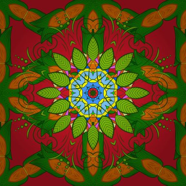 Mandala tasarım, baskı kumaş veya yetkin ve daha fazlası için en iyi döşenmiş. Vektör Mandala. Boho tarzı çiçek seamless modeli. Kırmızı, yeşil ve turuncu renkler.