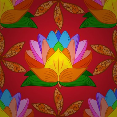 Sulu boya tarzı yeşil, turuncu ve kırmızı renklerde çiçekler. Yeşil, turuncu ve kırmızı renkler çiçeklerle sorunsuz çiçek desenli.