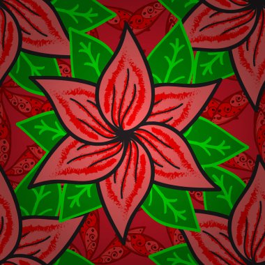 Çiçekleri kırmızı, pembe ve yeşil renkler. Vektör çizim. Vektör çizim. Asya Tekstil tarzında. Sorunsuz çiçek deseni.