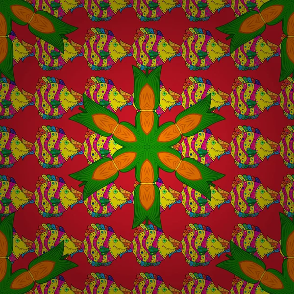 色彩春天主题无缝图案背景 花在黄色 红色和绿色的颜色 扁花元件设计 矢量插图中的无缝花卉图案 — 图库矢量图片