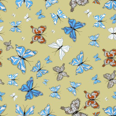 Bej, mavi ve beyaz renkler çizimde. Güzel moda model kelebekler ile. Fantezi illüstrasyon. Vektör çizim. Moda şirin kumaş tasarım.