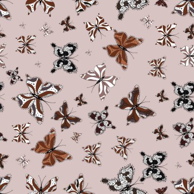 Resimde beyaz, kahverengi ve nötr renkler. Vektör kelebekler desen. Moda güzel kumaş tasarımı. Sorunsuz arka plan.