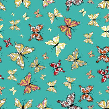 Sanat üzerine mavi, sarı ve beyaz renkleri kelebekler. Resim Scrapbooking için. Vektör çizim. Renkli kelebek sorunsuz arka plan.